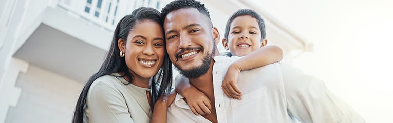 happy family and piggyback outdoor at new home, real estate loan and building mortgage together.